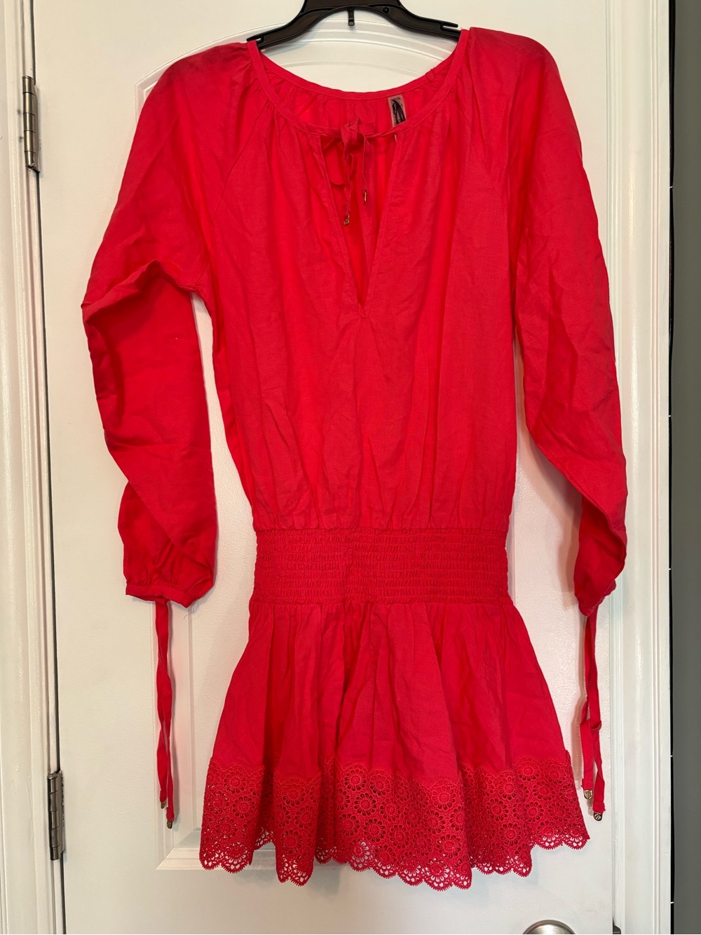 VS Swim Coral Long-Sleeve Peasant Dress Cover Up with Eyelet Hem Small